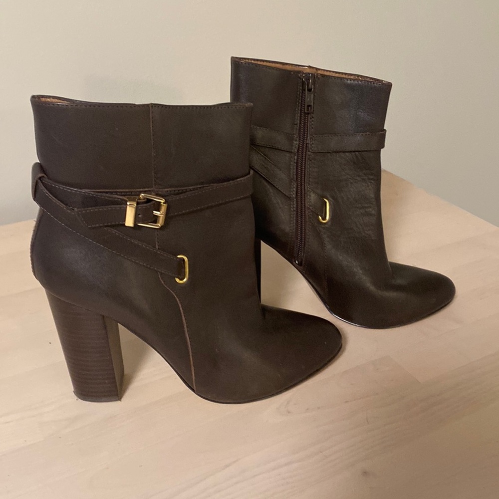 Never worn, Ava & Aiden brown leather heeled booties, women’s size 8.